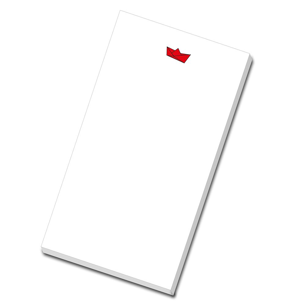 Notizblock mit lüttem Papierboot in rot mittig oben Format: 85 x 155mm 50 Blatt mit gleichem Motiv gedruckt auf 90g Offsetpapier Rückwand aus verstärkter weisser Pappe