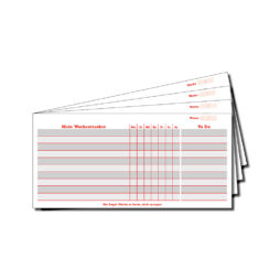 Mein Wochentracker Notizblock in Tabellenform Format: 210 x 100mm Schreibblock 50 Blatt gesamt gedruckt auf 90g Offsetpapier Rückwand aus verstärkter weisser Pappe Blockleim rot