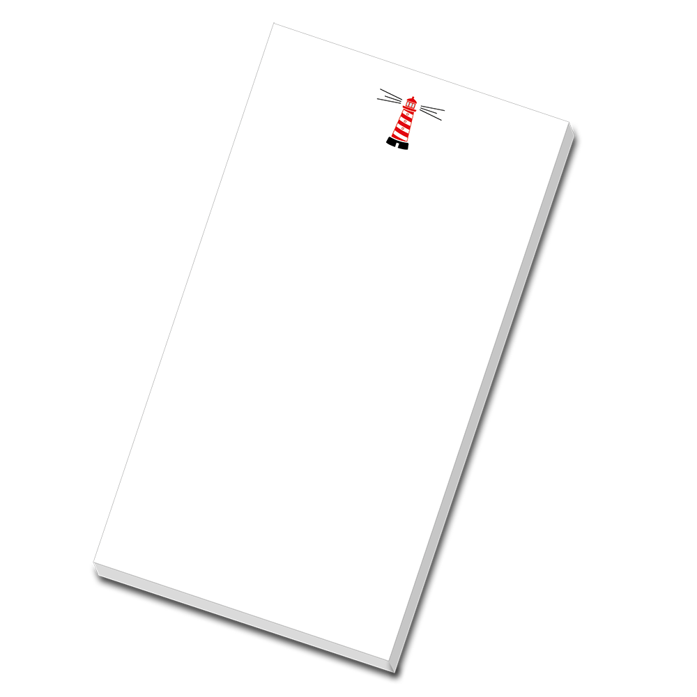 Kleiner Notizblock mit einem kleinen rot--weiß gestreiftem Leuchtturm mittig oben
