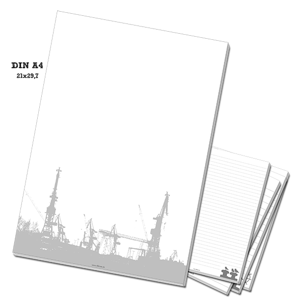 Notizblock Groß "Hafen Hamburg" Format: DIN A4 entspricht 210 x 297mm blanko 50 Blatt mit gleichem Motiv gedruckt das Motiv ist die Hamburger Skyline in grau unten auf den Block gedruckt auf 90g/m2 Offsetpapier Rückwand aus verstärkter weisser Pappe