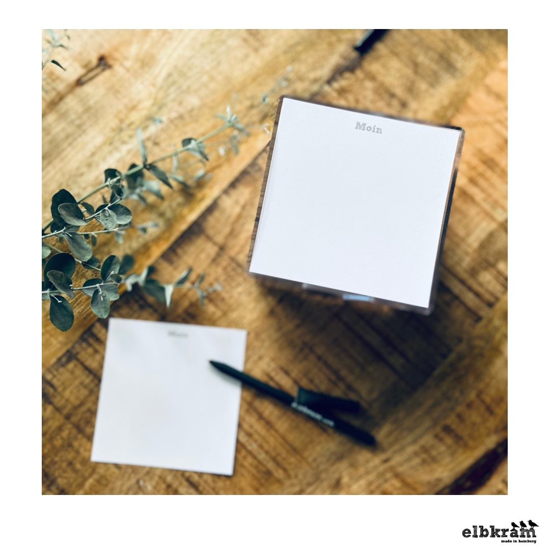 Zettelbox Moin transparente Kunststoffbox quadratisch mit weißen Notizzettel mit dem kleinen Schriftzug Moin